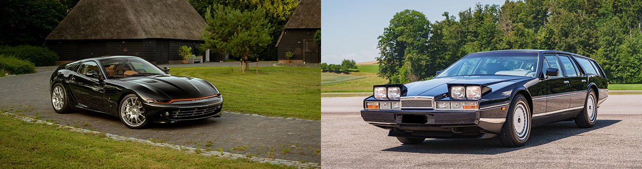 Comparaison des deux breaks de chasse d'exception : à gauche, la Ferrari 365 GTB/4 Daytona Shooting Brake, et à droite, l'Aston Martin Lagonda Série 3 Shooting Brake.