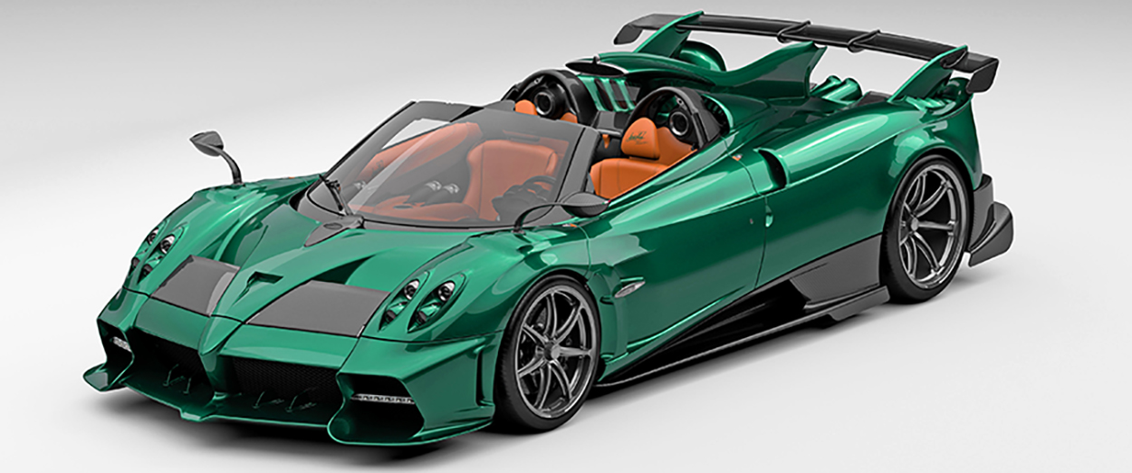 Pagani roadster verte en studio sur fond blanc