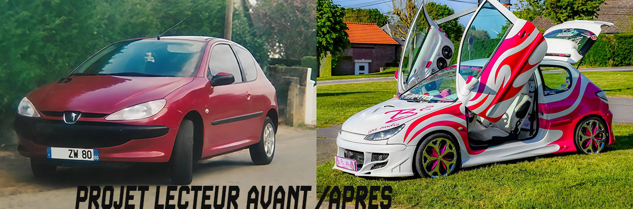 Projet lecteur avant-après : Peugeot 206 rouge d'origine transformée en version tuning Pink Titi By Angel avec portes élytre et motif rose
