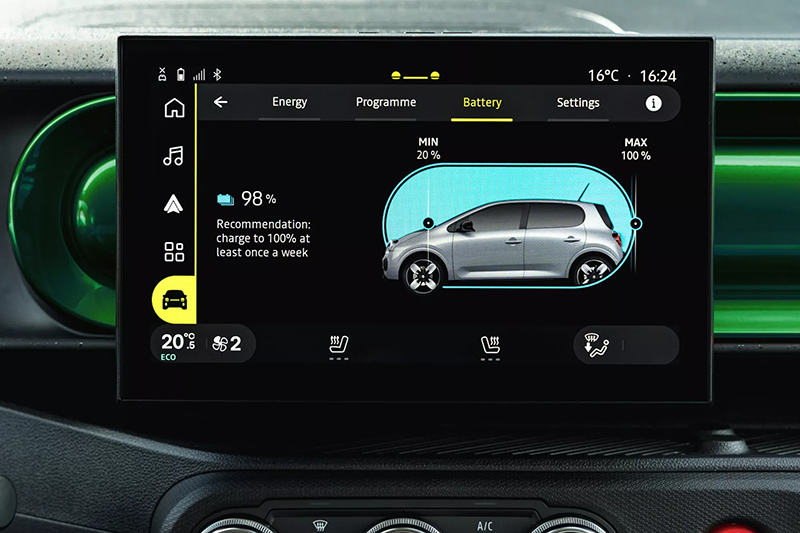 Système multimédia OpenR Link avec Google intégré sur la tablette tactile de la Renault Twingo E-Tech electric.