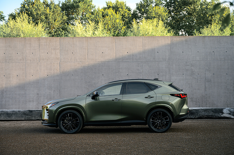 Lexus N350 h vert devant un mur en position latérale