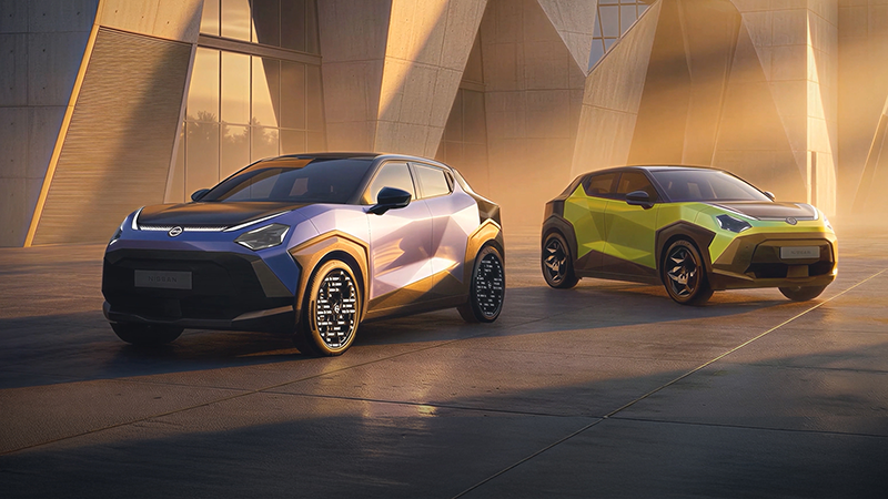 Vue avant du nouveau Nissan Juke électrique révélé lors de l'événement Vision, mettant en avant son design futuriste et sa signature lumineuse audacieuse