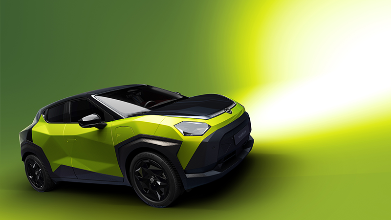 Silhouette avant du nouveau Nissan Juke électrique, mettant en avant sa signature lumineuse à LED moderne et son design de crossover compact audacieux.