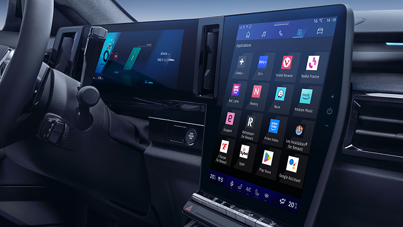 Tableau de bord Renault Rafale E-Tech Hybrid finition Esprit Alpine avec double écran OpenR Link, interface Google Gemini, volant sport en cuir avec surpiqûres bleu-blanc-rouge et sellerie Alcantara. Modèle 2026 copie