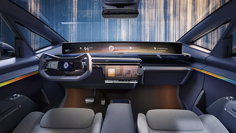 Poste de conduite Renault R-Space Lab avec écran incurvé openR panorama et volant compact steer-by-wire.