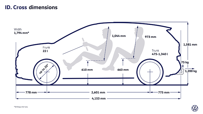 Schéma technique des dimensions du Volkswagen ID. Cross 2026 : longueur, largeur et empattement du SUV compact