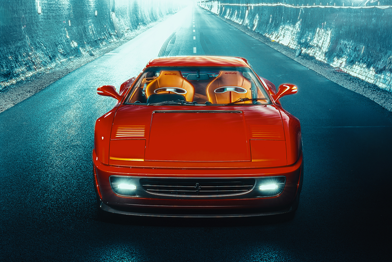 355 by Evoluto vue de face, restomod Ferrari 355 au design modernisé et châssis élargi