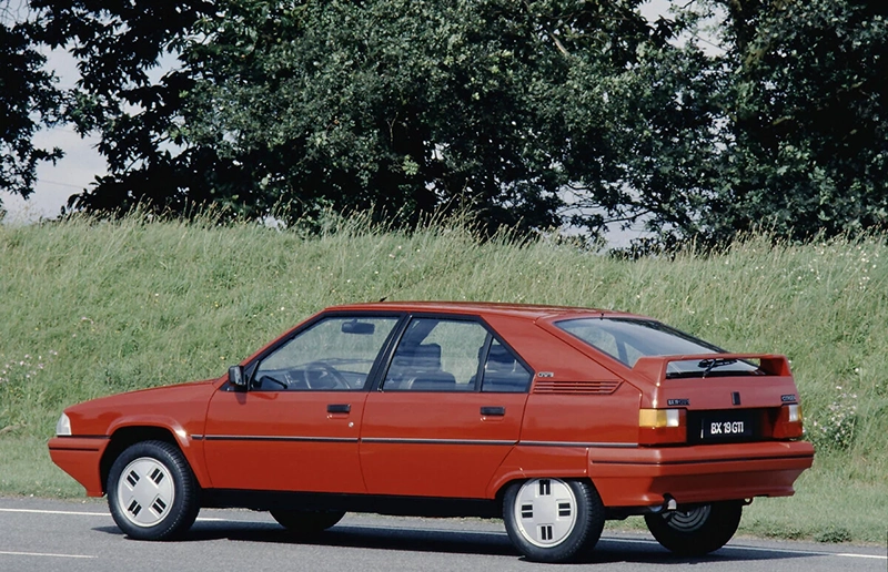 BX GTI vue latérale devant une haie